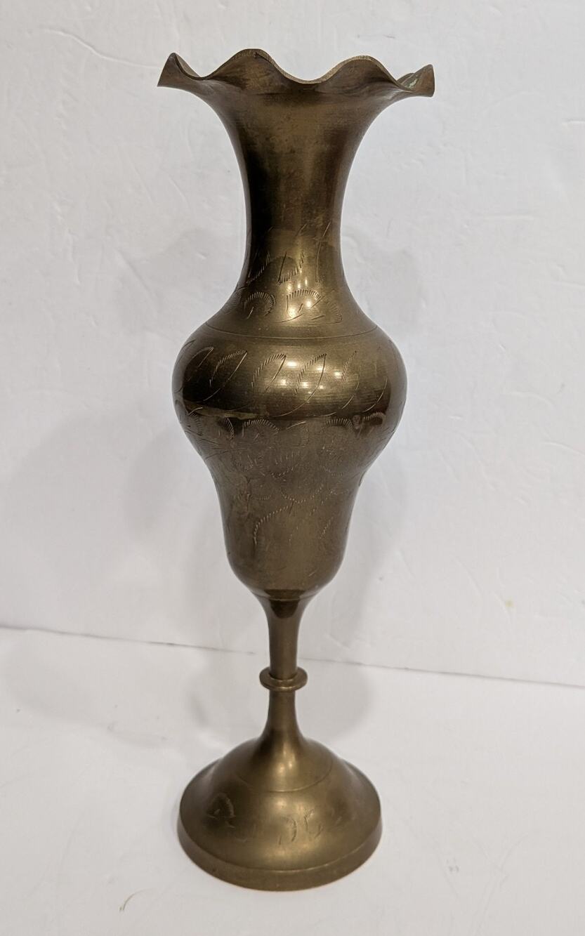 Vintage Brass Trumpet Goblet Vase Fluted Ruffled Rim Etched Floral India 12"
